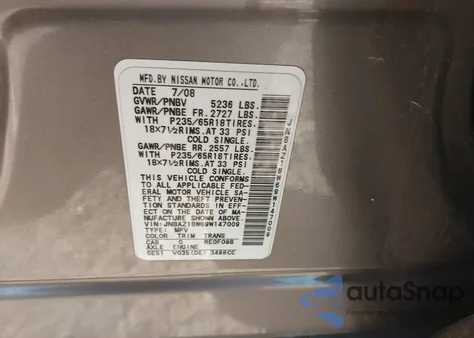 2009 Nissan Murano S z USA, uszkodzony, nr VIN JN8AZ18W69W147009